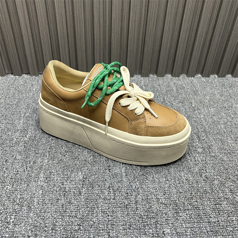 撤柜处理真皮圆头厚底板鞋女2025年新款时尚双鞋带休闲增高德训鞋