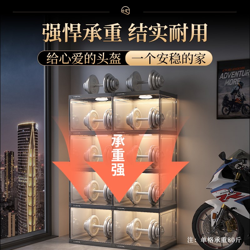 亚克力头盔收纳柜摩托车帽子家用带灯展示盒机车装备收纳箱头盔架