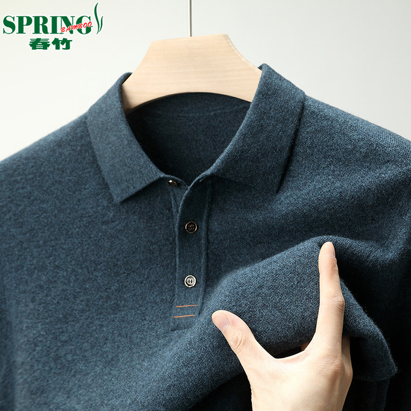 春竹正品100%纯羊绒衫男冬季新款纯色T恤翻领打底针织毛衣polo衫