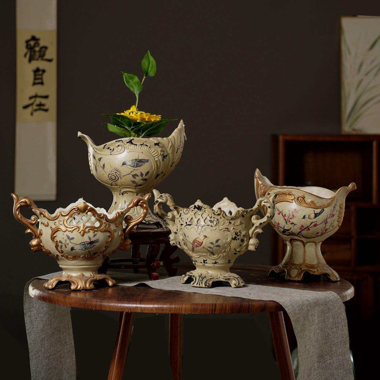 别墅样板房陶瓷装饰花瓶欧式复古客厅玄关工艺品摆件创意果盘