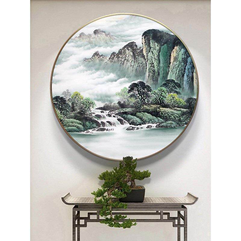 LED灯新中式装饰画聚宝盆山水画客厅风水玄关山水圆形挂画发光