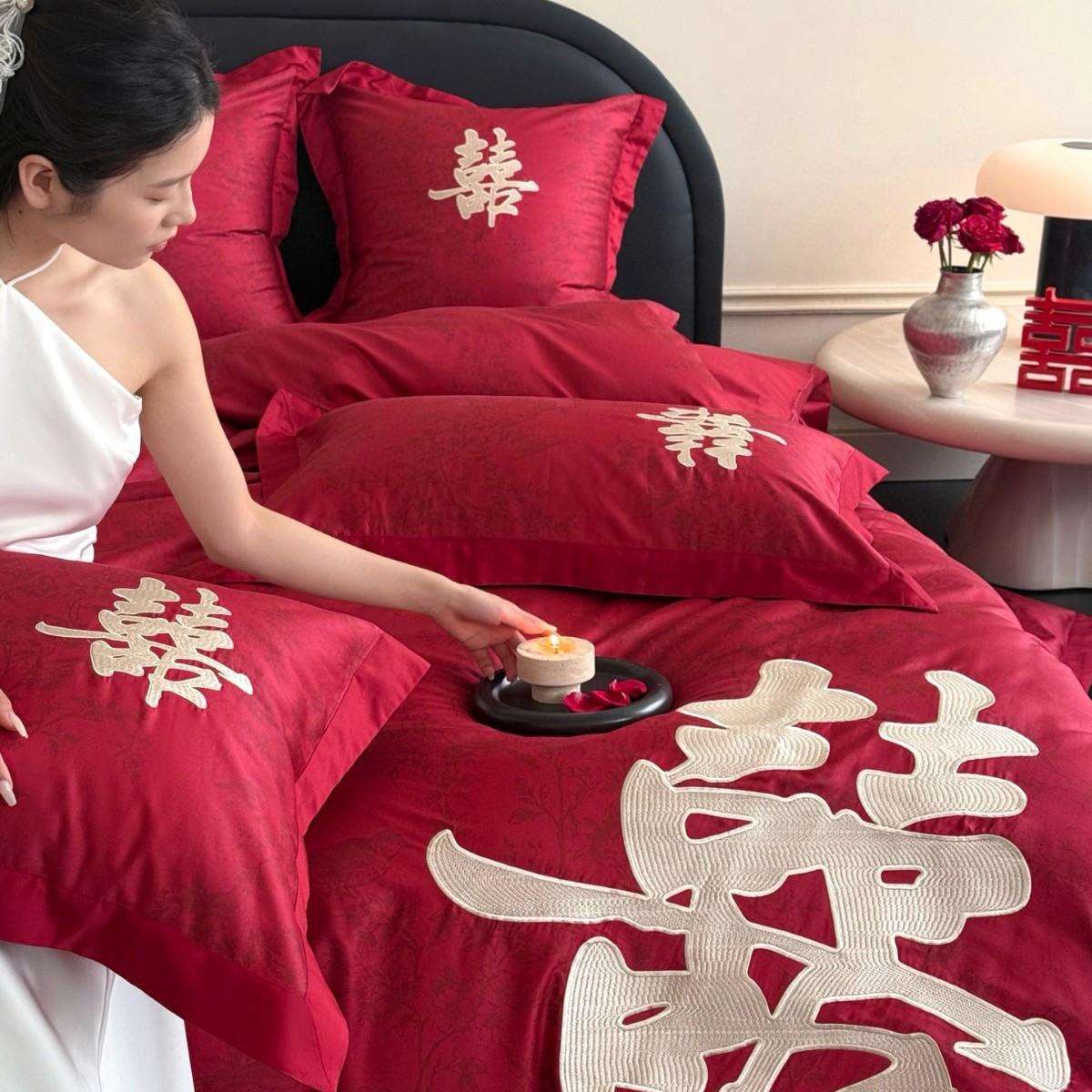 婚庆刺绣全棉纯棉四件套结婚轻奢高档红色婚庆床上用品被套床单2m
