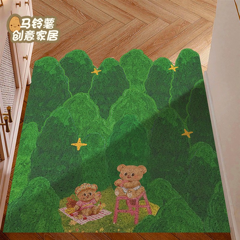 绿色森林小熊玄关入户门丝圈地垫耐脏防滑可剪裁家用脚垫除尘门垫