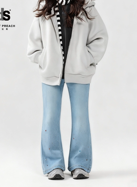 IDS童装牛仔裤亮片经典复古舒适透气女孩修身微喇叭长裤