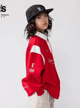 IDS童装POLO衫男孩运动风宽松美式复古个性字母刺绣翻领长袖上衣