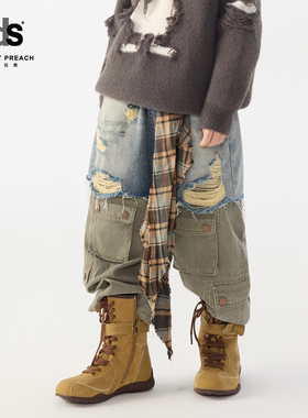 IDS童装拼接阔腿裤男孩复古工装长裤潮流街头风假两件破洞牛仔裤