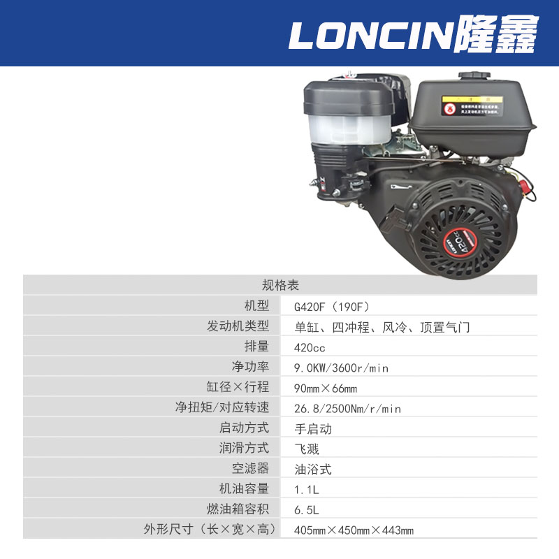 170F隆鑫汽油机196cc发动机四冲程抹光机水泵420CC微耕切缝机动力