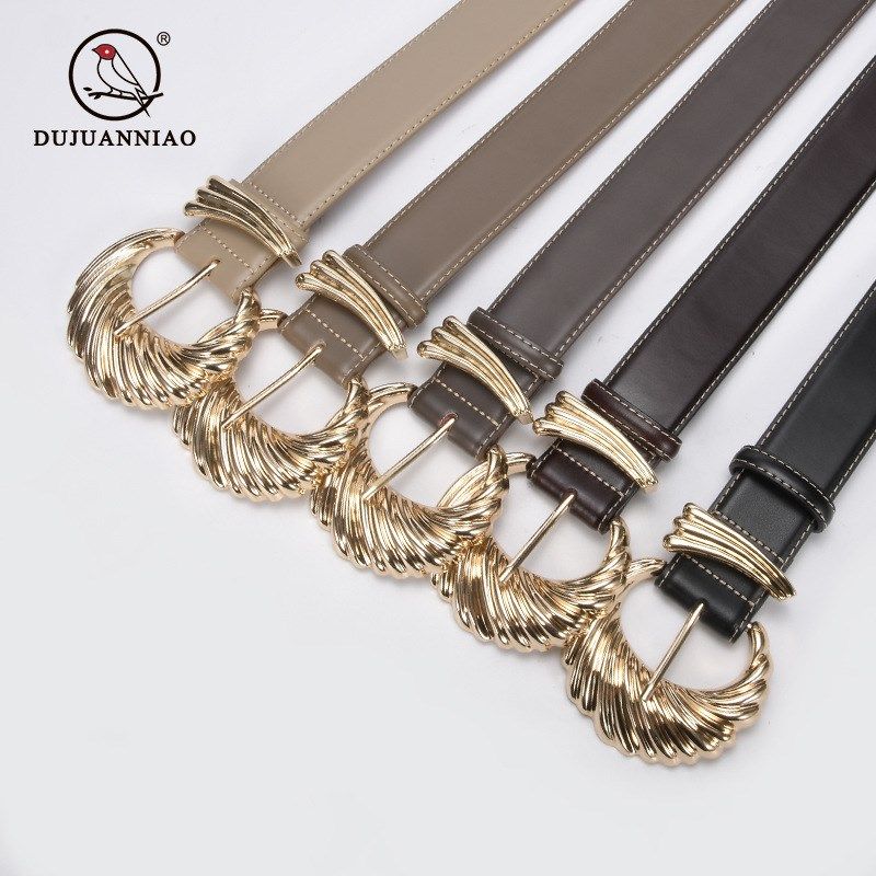 时尚简约针扣牛皮宽腰带女搭配秋冬风衣大衣真皮皮带黑色女士腰封