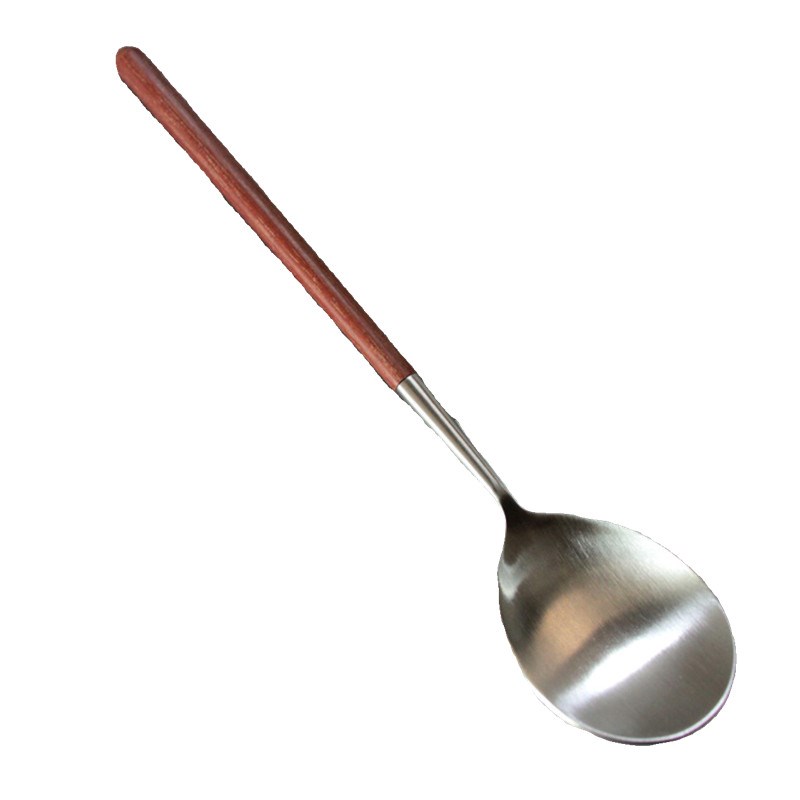 纤细花梨木圆柄304勺子亚光不锈钢餐勺圆头饭勺长柄汤匙高档餐具