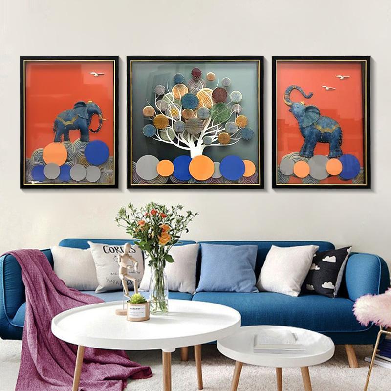 高端立体三联画 客厅沙发背景 钢化玻璃实物挂画大象80200