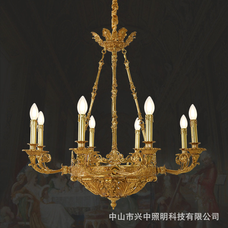 法式复古全铜吊灯欧式美式奢华别墅客厅卧室书房脱蜡铜蜡烛灯饰
