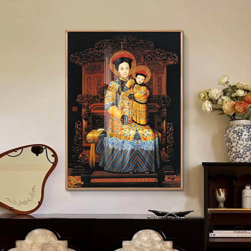 世界名画中华圣母天使玛利亚装饰画古典母子人物挂画油画