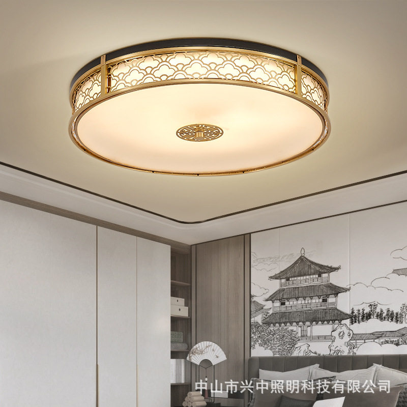 新中式全铜吸顶灯圆形卧室灯中国风餐厅led灯具古典书房茶室铜灯