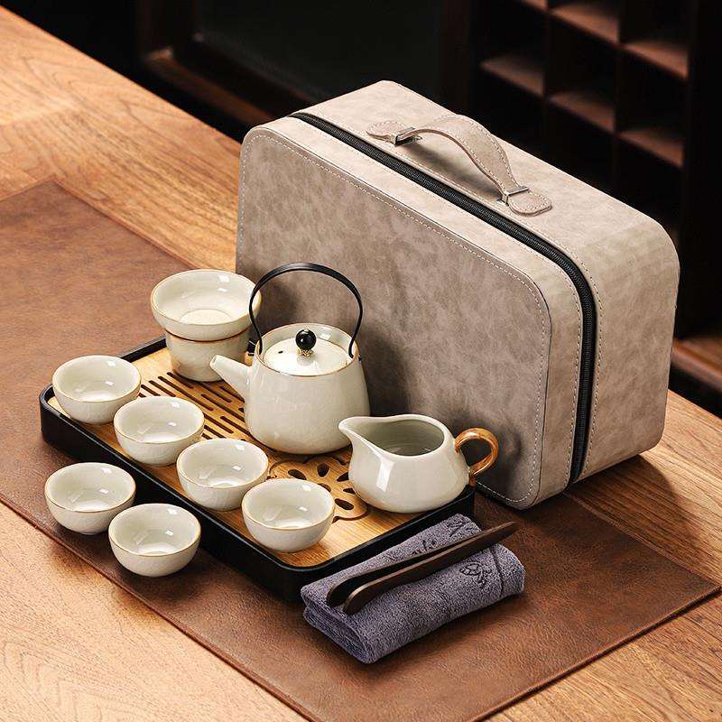 Q6G米黄汝窑旅行茶具套装便携户外露营泡茶家用小套装喝茶杯茶具图片