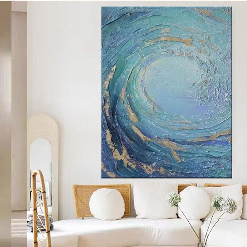 纯手绘油画蓝色大海客厅装饰画风生水起砂岩立体肌理手工无框画