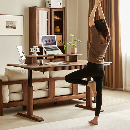 北美黑胡桃木升降书桌实木电动办公桌吧台桌多用智能双电机工作台