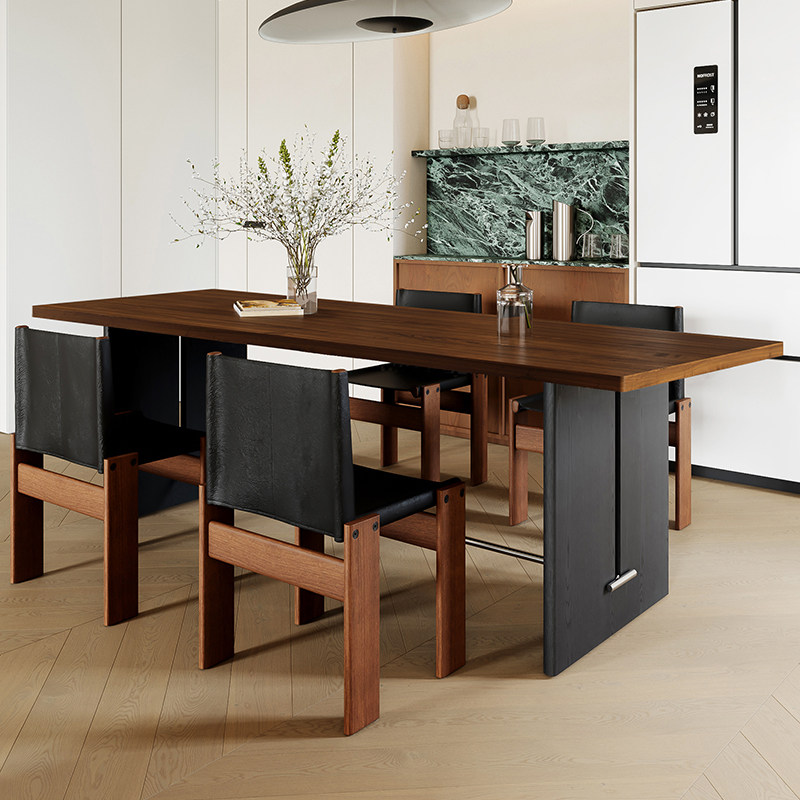 简约中古风小户型胡桃色实木餐桌椅组合复古茶桌书桌长方形设计师