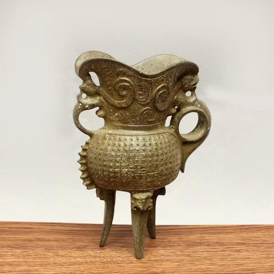 古玩杂项仿古仿铜仿古三足酒杯摆件居家装饰小摆件乡下收老物件