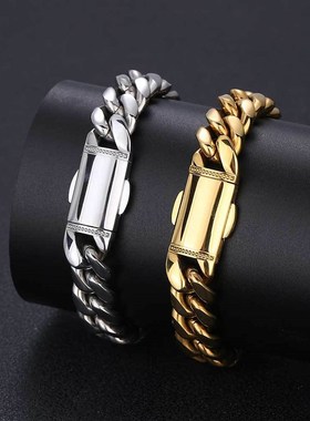 欧美嘻哈弹簧扣头不锈钢古巴链真金电镀钛钢圆磨加密手链厂家直销