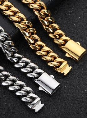 欧美弹簧扣圆磨加密钛钢项链潮牌嘻哈不锈钢古巴链男士项链