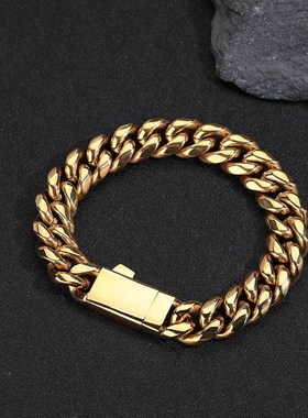 欧美跨境嘻哈弹簧扣不锈钢链条加密古巴链钛钢饰品高级感男士手链