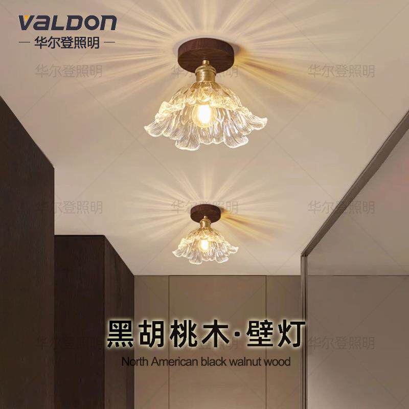 新中式过道灯吸顶灯胡桃木美式中古风入户玄关阳台走廊复古灯具