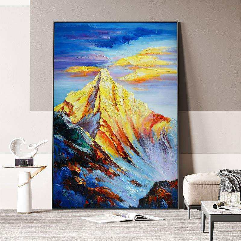 日照金山银山手绘油画客厅挂画风水画山水靠山图入户玄关装饰画
