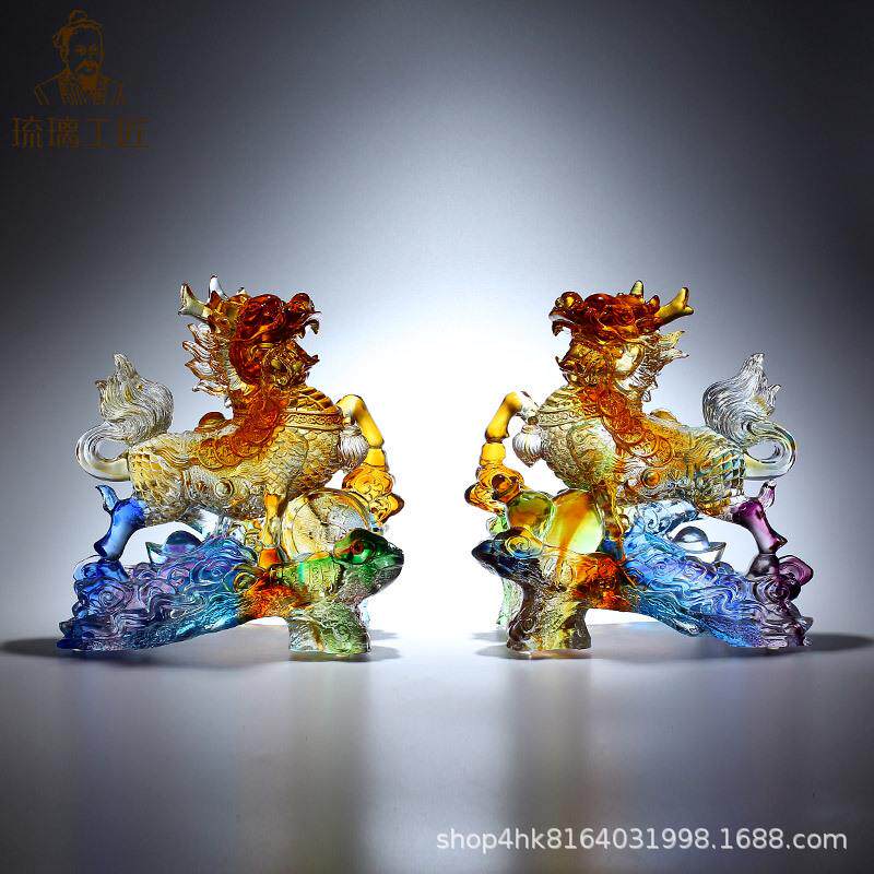 古法琉璃招财送子麒麟水晶工艺品摆件一对大号客厅装饰家用搬新家