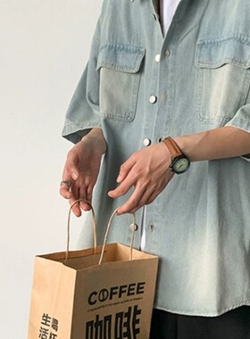 浅蓝色牛仔短袖衬衫外套男夏季日系vintage工装夹克七分袖衬衣潮