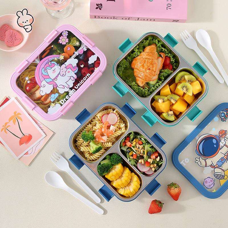 不锈钢密封餐盒儿童卡通分隔饭盒带餐具可注水保温便当盒