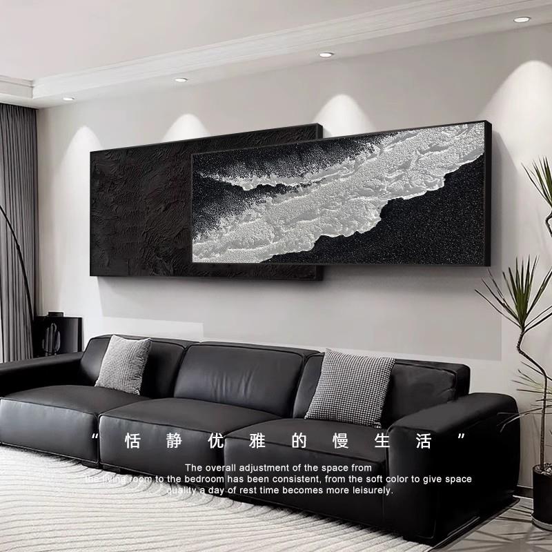 手绘油画《逐浪》组合两联壁画客厅沙发背景装饰画黑白挂画肌理画