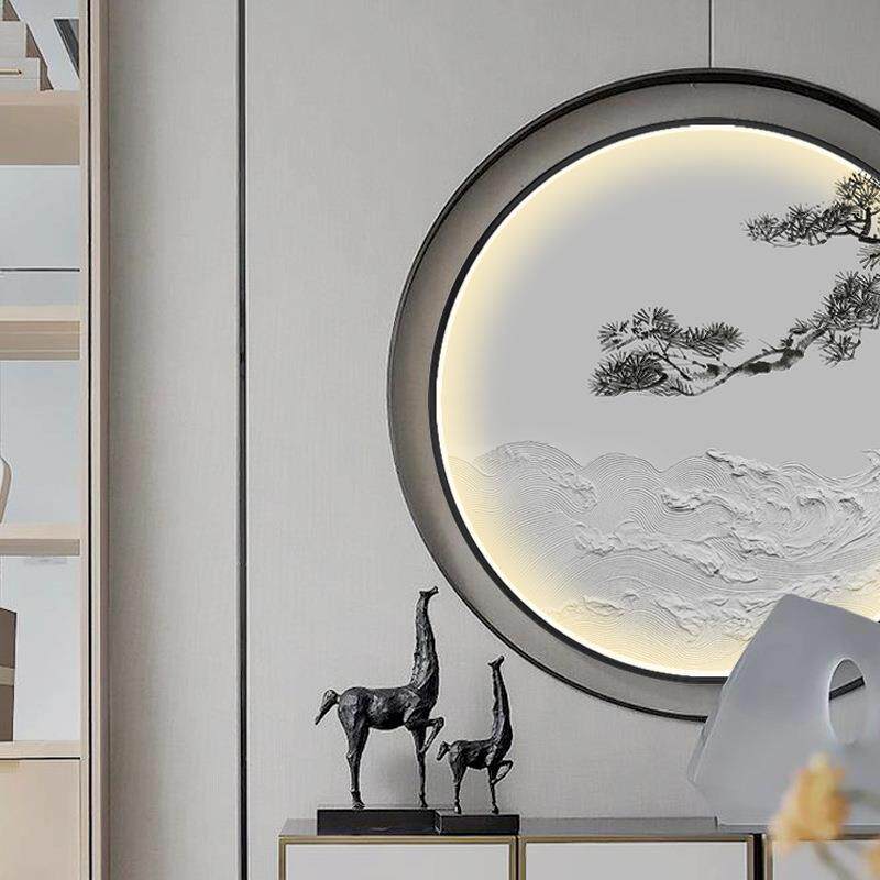 新中式客厅装饰画圆形led灯玄关走廊挂画迎客松油画立体浮雕海浪