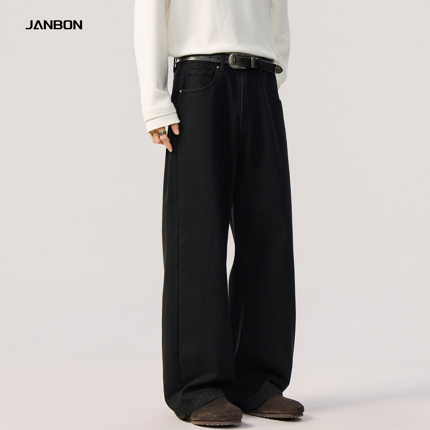 JANBON黑色直筒牛仔裤男款2025新款休闲长裤宽松阔腿秋季男装裤子
