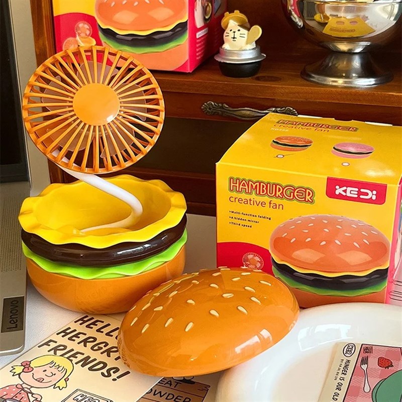 可爱汉堡小风扇桌面充电带美妆镜女生迷你小风扇创意卡通汉堡风扇