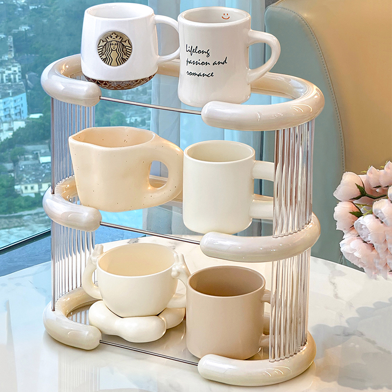 奶油风杯架咖啡杯置物架压克力水杯盒双层台面茶杯茶具杯子架