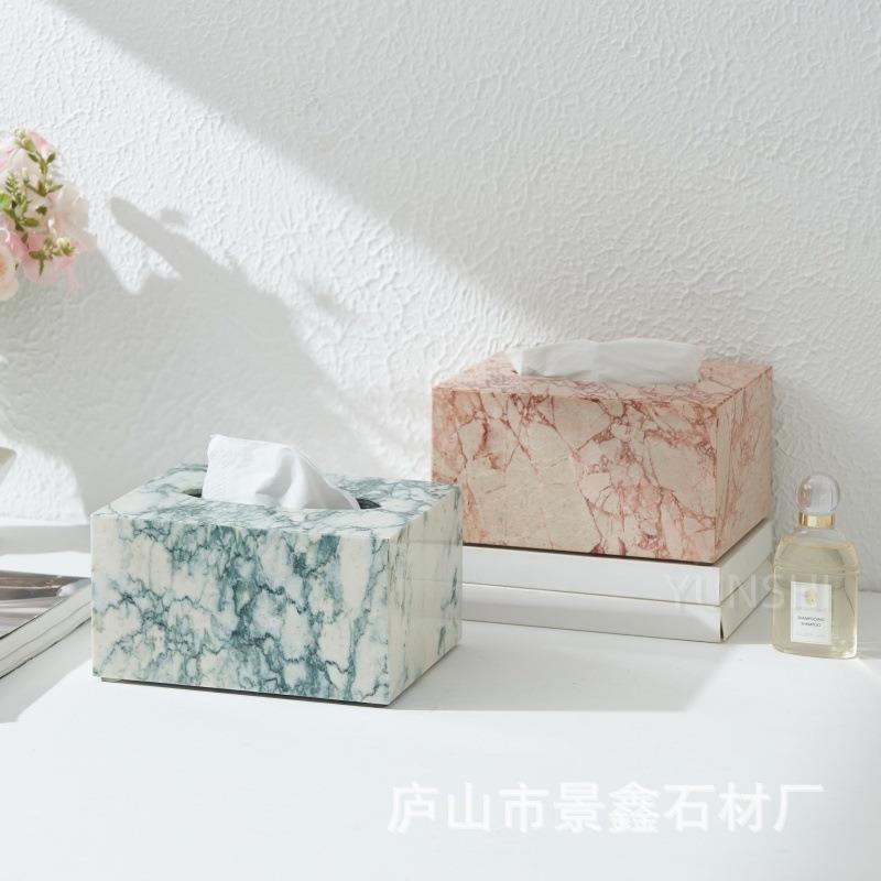 天然大理石纸巾盒粉色绿色纸巾收纳盒桌面装饰盒酒店民宿创意摆件