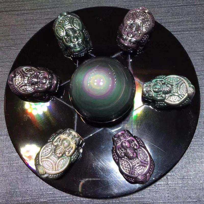 浩澜水晶天然双彩黑曜石转Y龙龟七星阵摆件家居 办公室装饰品