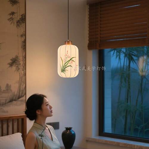 宋式美学床头吊灯新中式国风复古灯笼宫灯玄关走廊入户装饰吊线灯