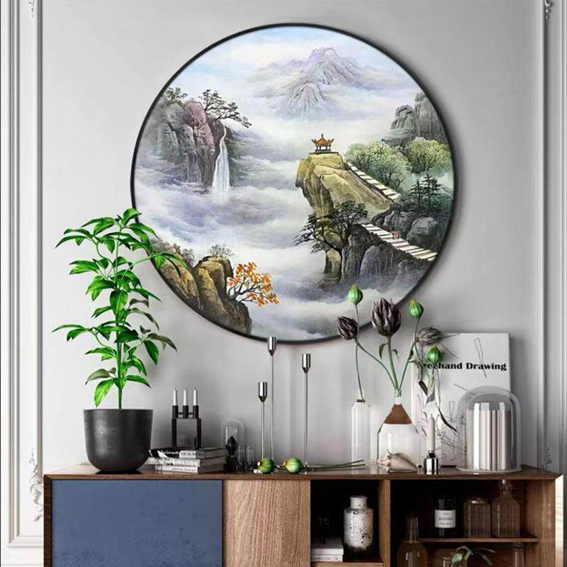 手绘油画新中式山水风景客厅装饰画手工圆形餐厅玄关壁画流水生财