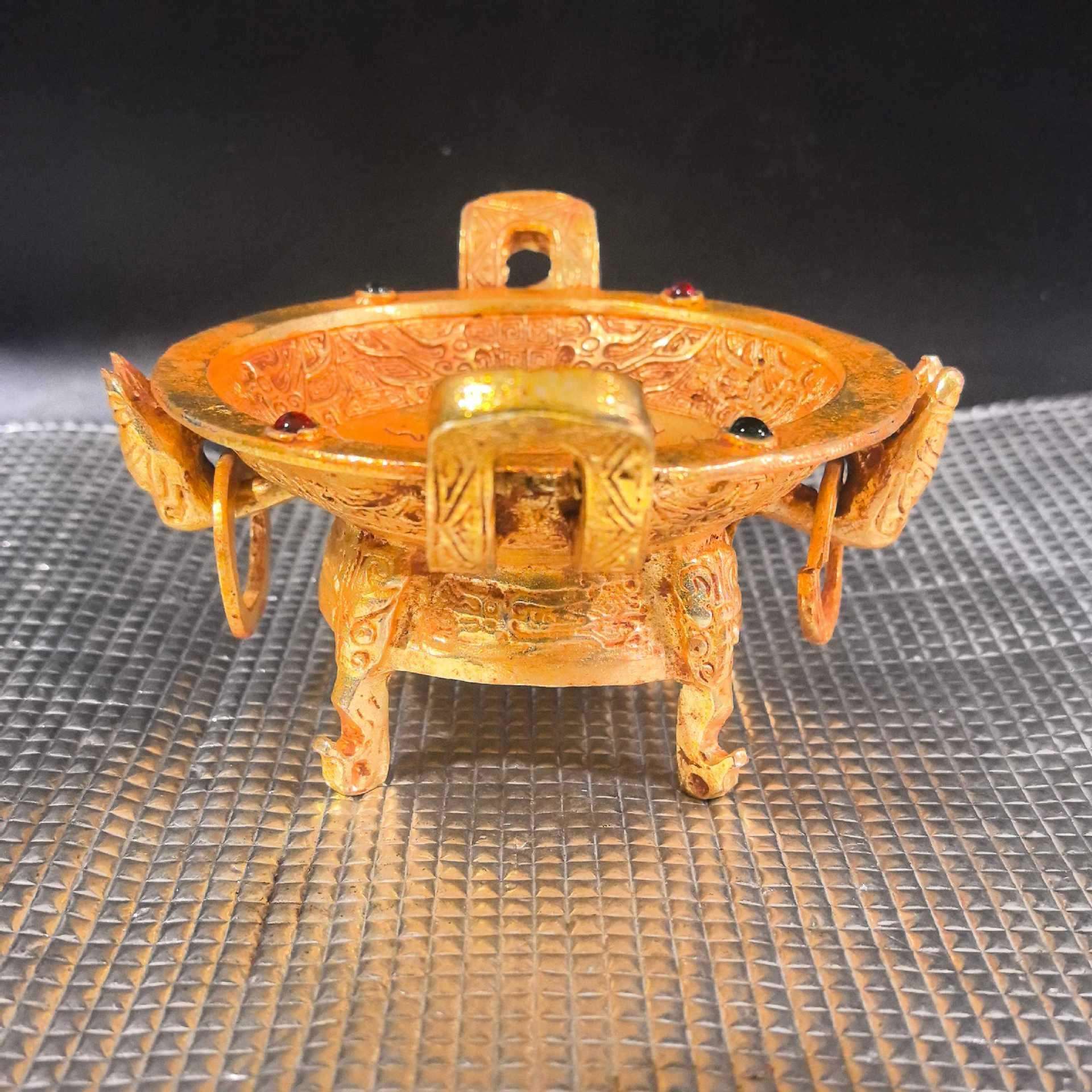 仿古玩仿古做旧菜盘果盘古人食具器鼎食青铜鼎摆件仿古青铜鼎