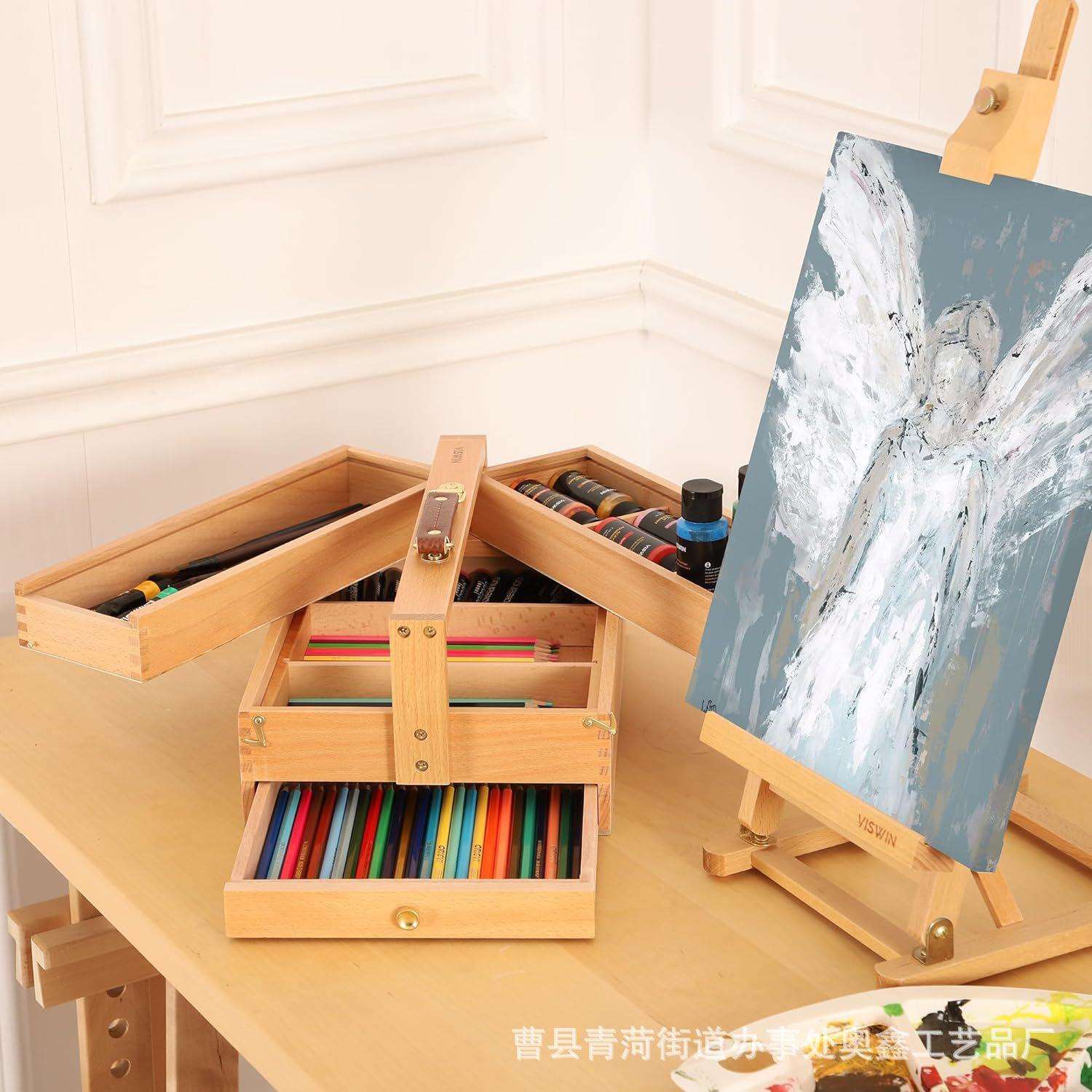 桌面木质收纳盒画笔整理架多层可折叠艺术工具盒带抽屉实木储物箱