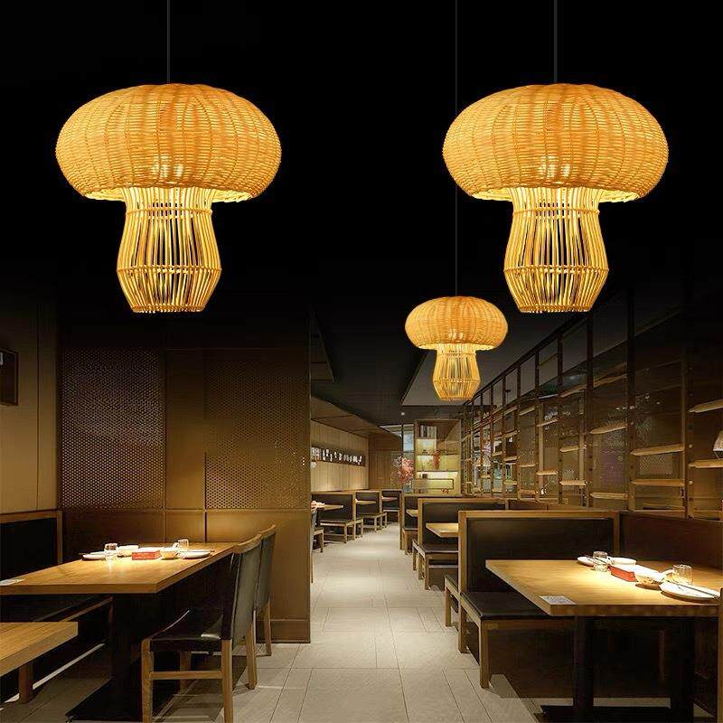 藤艺灯手工创意个性复古餐馆饭店阳台日式田园灯具竹编灯笼草帽灯