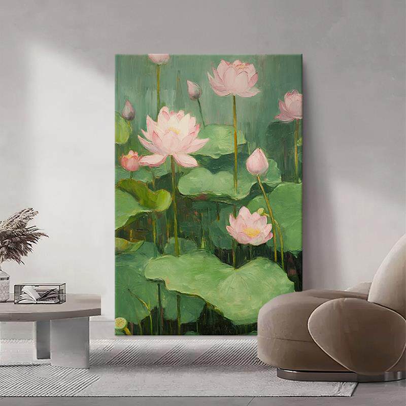 新中式荷花纯手绘油画玄关装饰画客厅抽象绿色荷塘肌理画睡莲挂画