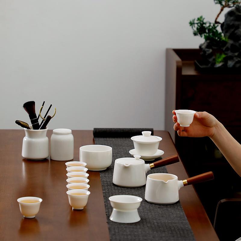 羊脂玉茶具套装盖碗公道杯茶器陶瓷黑檀木把功夫套装家用盖碗茶