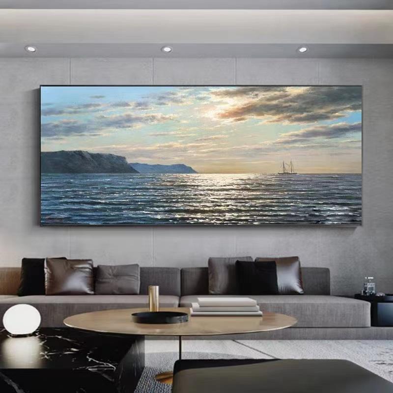 纯手绘大型横幅深蓝色海景装饰画现代高级感油画简约客厅墙壁挂画