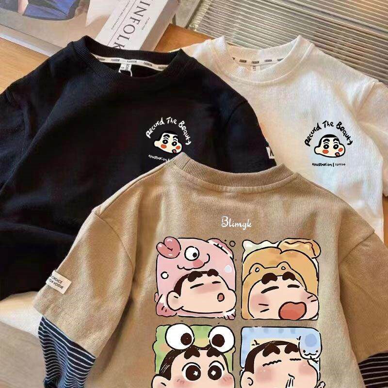 蜡笔小新男童长袖纯棉T恤春秋新款女童假两件卡通外穿时尚上衣服