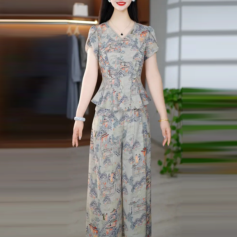 时尚印花两件套套裤女2026新款夏季v领短袖妈妈装通勤风长裤套装