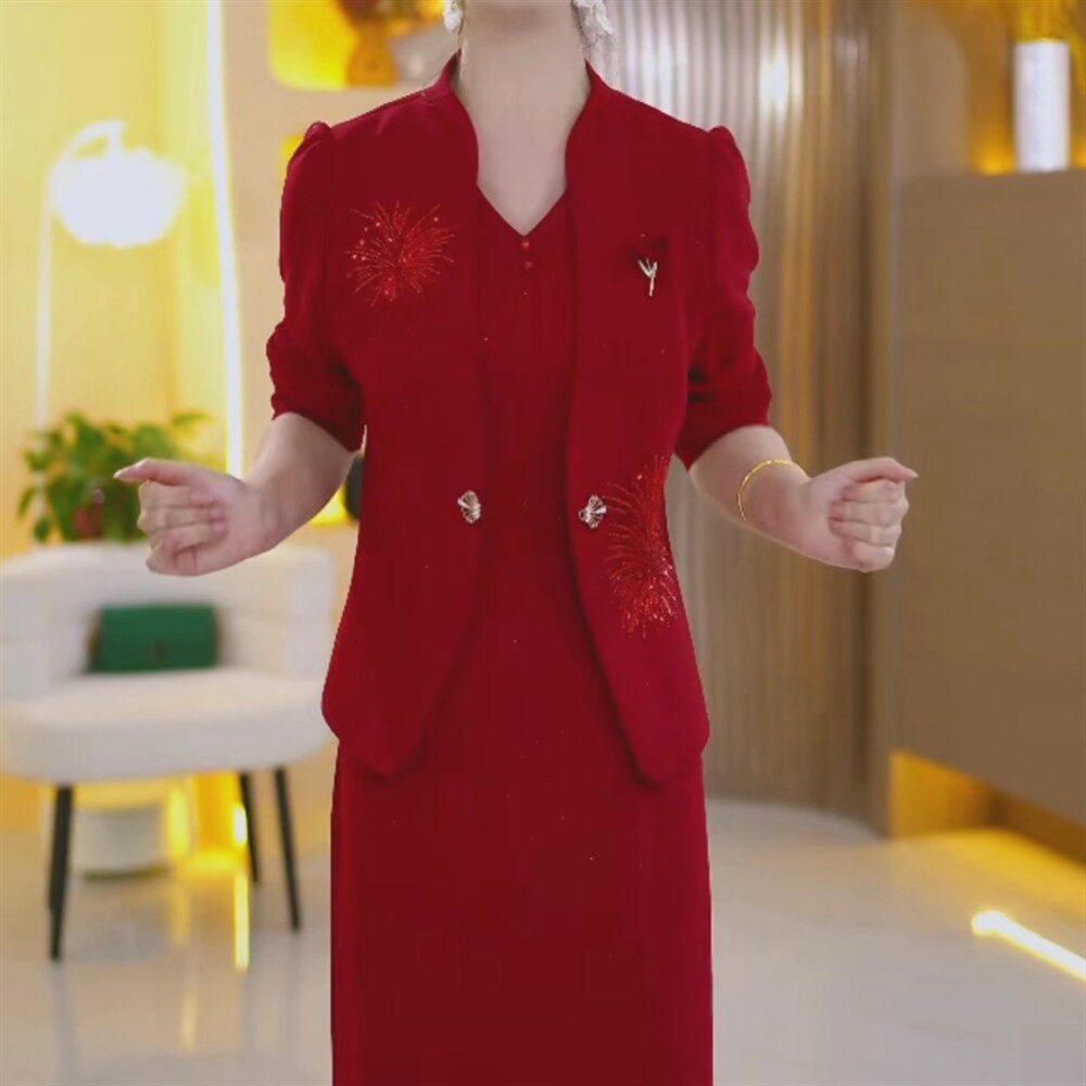 喜婆婆红色气质套装女2026春季新款中年妈妈装连衣裙两件套