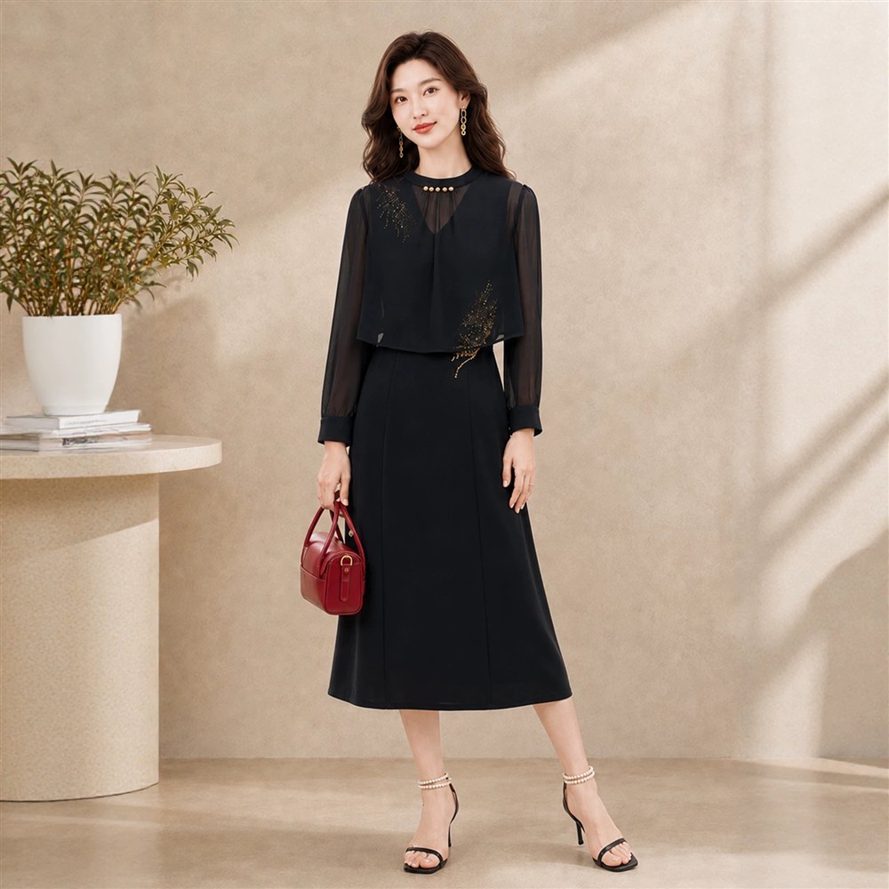 黑色长袖新中式刺绣连衣裙两件套装女秋季时尚气质妈妈中长裙子