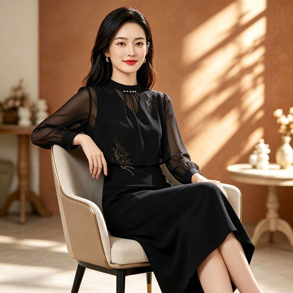 长袖雪纺罩衫连衣裙子女2026春秋新款爆款十三行高端两件套装
